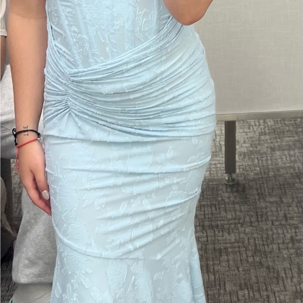 House of CB Blue Ruched Strapless Sheath Dress